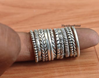 Silver Stackable Ring Set, 12 Piece Designer Rings Set, Boho Band Jewellery