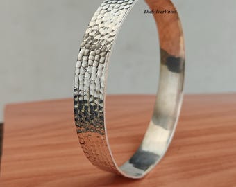 Silver Hammered Bangle Bracelet, Textured Pattern Cuff, Minimalist Statement Jewelry