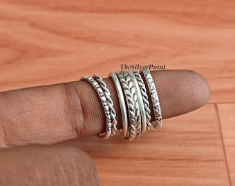 7 Pics Leaf Stacking Ring Set, Boho Silver Ring, Minimalist Stackable Midi Rings