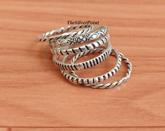 Silver Stackable Ring Set, 6 Piece Designer Rings, Boho Band Ring Set