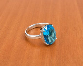 Oval Blue Quartz Statement Ring, Sterling Silver Faceted Gemstone Jewelry