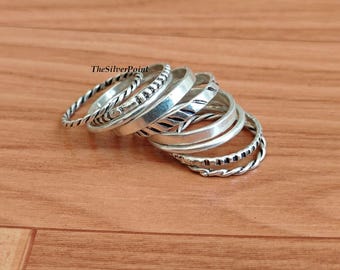 9 Stackable Silver Rings Set, Twisted Band Rings, Minimalist Layered Jewelry
