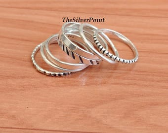 925 Silver Ring Set, 7 Stackable Band Rings, Minimalist Designer Jewelry