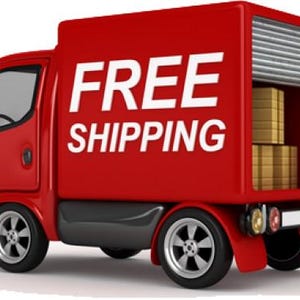 May include: A red delivery truck with the words "FREE SHIPPING" in white on the side. The truck bed is open, revealing several stacked cardboard boxes. The truck has black tires and a white background.