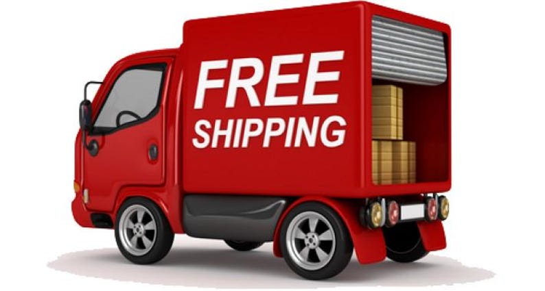 May include: A red delivery truck with the words "FREE SHIPPING" in white on the side. The truck bed is open, revealing several stacked cardboard boxes. The truck has black tires and a white background.