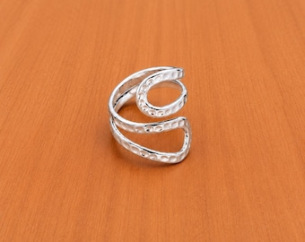 Hammered Sterling Silver Open Ring, Minimalist Style Ring, Boho Statement Band, Handmade Textured Jewelry