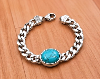 Sterling Silver Turquoise Curb Link Bracelet, Blue Gemstone Statement Jewelry