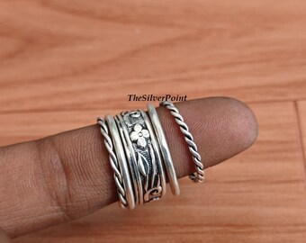 Boho Silver Ring Set, Floral Stacking Rings, Vintage Style Midi Rings