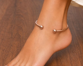 Copper Ball Open Cuff Anklet, Minimalist Boho Ankle Bracelet, Summer Beach Jewelry