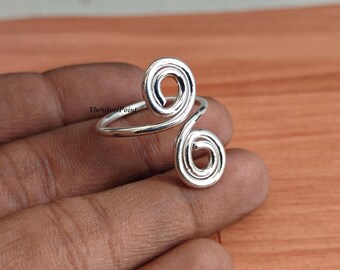 925 Sterling Silver Spiral Open Ring, Minimalist Swirl Adjustable Boho Jewelry