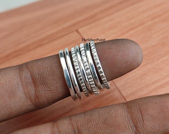 Set of 7 Silver Rings, Hammered Stackable Minimalist Band Ring Set, Designer Jewelry
