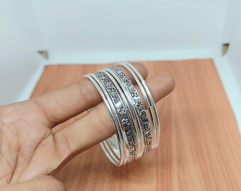 Silver Floral Engraved Bangle Set, Indian Boho Stacking Bracelets