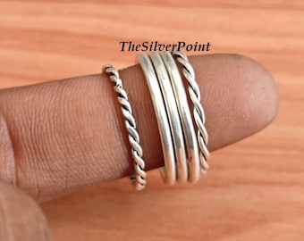 Boho Silver Stackable Rings, Twisted Rope Band Set, Minimal Midi Rings, Everyday Layering Jewelry