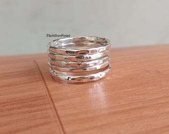 5 Hammered Wrap Silver Ring Set, Minimalist Statement Ring