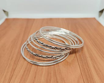 Set of 8 Silver Stacking Bangles, Boho Engraved Bracelets, Minimalist Everyday Jewelry