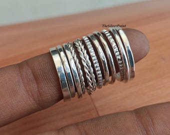 Set of 12 Silver Rings, Hammered Stackable Minimalist Band Ring Set, Designer Jewelry