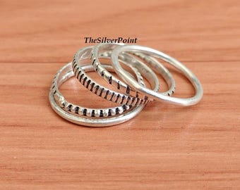 6 Pics Stacking Ring Set, Minimalist Silver Bands, Designer Stackable Rings