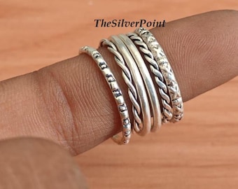 6 Pics Twisted Stacking Ring Set, Boho Silver Ring, Brass Band Rings