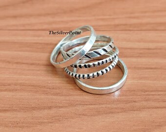 Silver Stackable Ring Set, 5 Piece Designer Band Rings, Minimalist Non Adjustable Rings