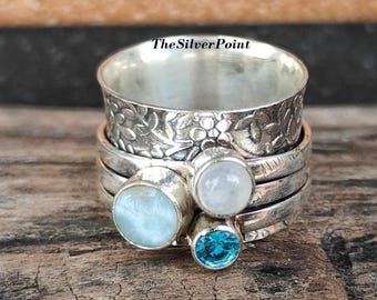 Larimar, Moonstone & Blue Topaz Sterling Silver Spinner Ring: Handmade Boho Jewelry