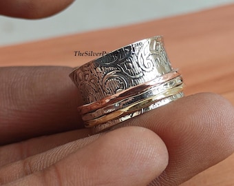 Spinner Ring Silver Copper & Brass Meditation Ring, Anxiety Band, Wide Statement Rings