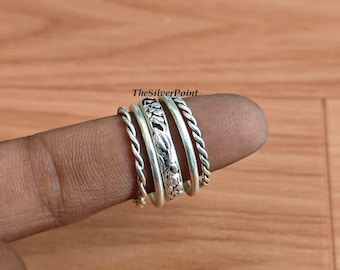 Boho Silver Ring Set, Floral Stacking Rings, Twisted Band Midi Vintage Stackable Ring