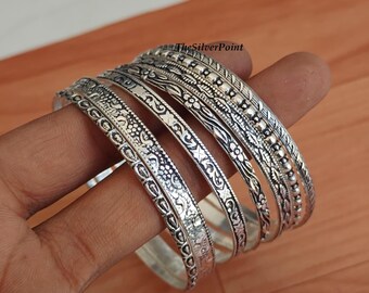 7 Silver Bangle Set, Stackable Bangles for Women, Minimalist Silver Bracelets, Everyday Jewelry