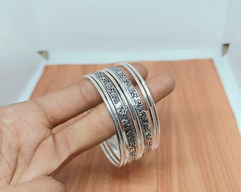 Set of 8 Silver Stacking Bangles, Floral Engraved Boho Bracelets