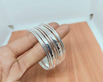 Set of 8 Silver Stacking Bangles, Hammered Smooth Finish Bracelets, Minimalist Boho Jewelry