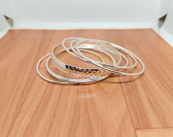 Silver Bangle Set, Minimalist Stacking Bracelets, Textured Boho Jewelry