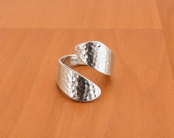Hammered Sterling Silver Adjustable Wrap Ring, Wide Band Statement, Minimalist Open Design