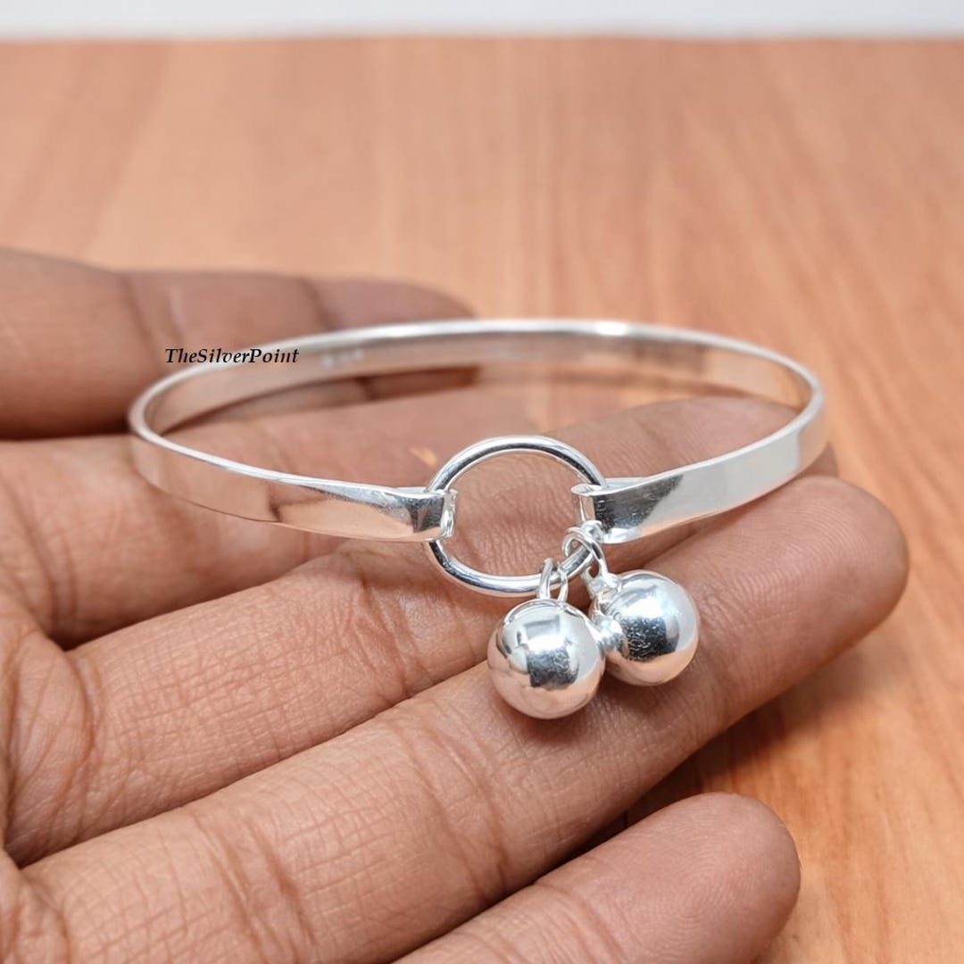 Silver Open Cuff Bangle With Dangling Ball Charms, Minimalist Bracelet ...