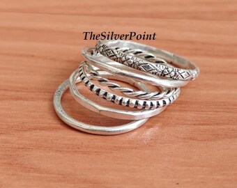 Silver Stackable Ring Set, 6 Piece Designer Rings, Boho Band Ring Set