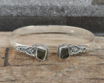 Handcrafted Sterling Silver Moldavite Bangle: Boho Gemstone Bracelet