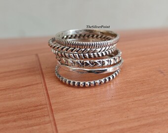 Set of 6 Silver Rings, Hammered Stackable Minimalist Band Ring Set, Designer Jewelry
