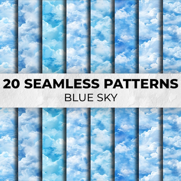 Blue Sky Seamless Pattern Digital Paper, Sky Backgrounds, Blue Gradient Paper, Scrapbooking Paper, Clouds