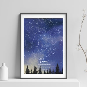 Personalisierte Sternenkarte gerahmt Druck, neues Baby Geschenk, Jahrestag Hochzeitsgeschenk, benutzerdefinierte Sternkarte, Aquarell Design, Wandkunst