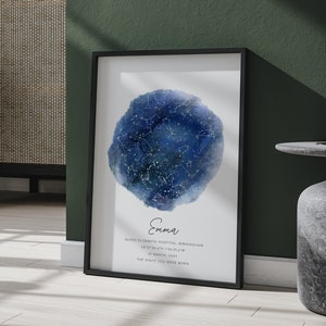 Personalisierte Aquarell Sternenkarte gerahmter Druck, neues Baby Geschenk, Jahrestag Hochzeitsgeschenk, benutzerdefinierte Sternenkarte, Wandkunst