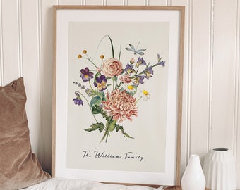 May include: A framed print with a watercolor illustration of a bouquet of flowers in shades of pink, purple, and white. The flowers are arranged in a vase and the text "The Williams Family" is printed below the bouquet.