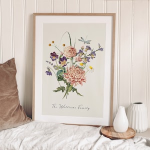 Personalised Watercolour Birth Flower Print, Wall Art, Birthday Gift, Minimalist Home Decor, Personalised gift image 1