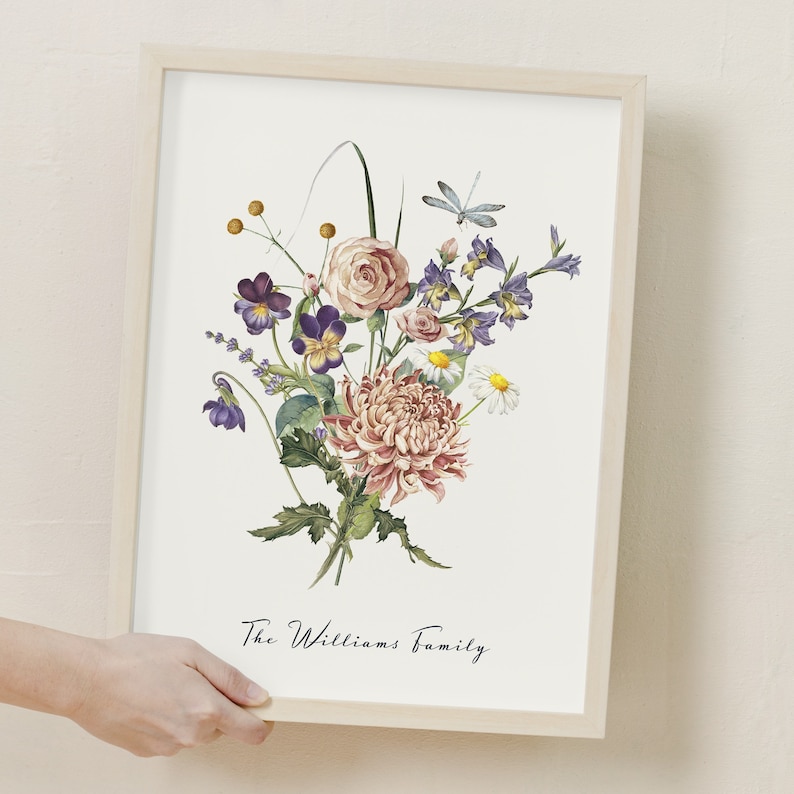 Personalised Watercolour Birth Flower Print, Wall Art, Birthday Gift, Minimalist Home Decor, Personalised gift image 2