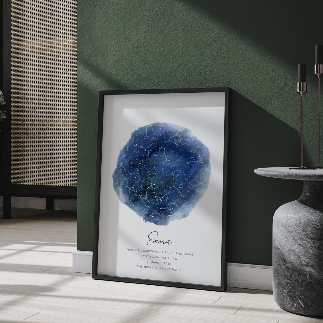 Personalised Watercolour Star Map Framed Print, New Baby Gift ...