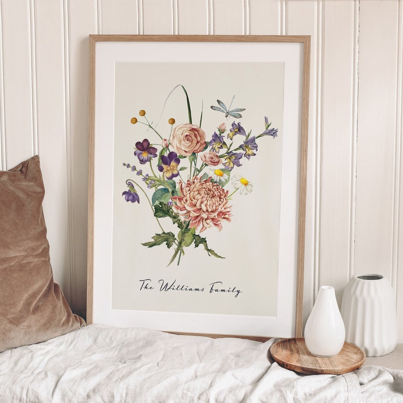 Personalised Watercolour Birth Flower Print, Wall Art, Birthday Gift, Minimalist Home Decor, Personalised gift image 1