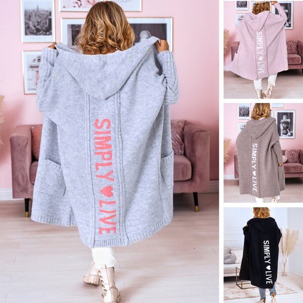 Strickmantel & GRATIS PARFÜM 33ml | Oversize Damen Strickjacke Simply Live m. Flügelärme | oversized Kapuze Strickweste / Cardigan M - XXXL