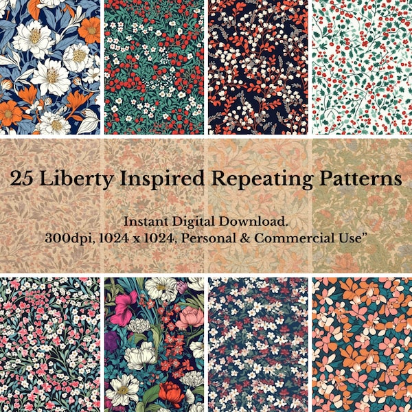 25 papier numérique inspiré de Liberty, motifs floraux sans couture Liberty, motifs floraux répétant des motifs, pack numérique de 25, téléchargement instantané