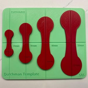 May include: A green plastic template with four red circles of different sizes. The circles are labeled with their diameter in millimeters: 20mm, 30mm, 40mm, and 50mm. The template is labeled "PLAWorkshop Dutchman Template SAS".