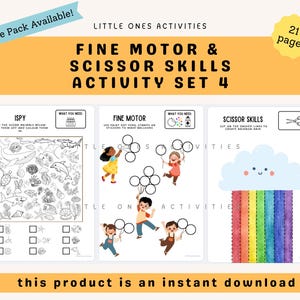 Puede incluir: Un conjunto de actividades infantiles con el texto "Fine Motor & Scissor Skills Activity Set 4". Las páginas incluyen un juego de "I Spy", ejercicios de motricidad fina y práctica de tijeras. El producto es una descarga instantánea.