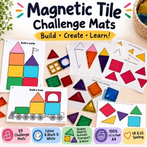 May include: Magnetic Tile Challenge Mats set featuring 39 printable activity sheets with colourful geometric shapes, castle and train building guides, and matching tasks. Includes colour and black-and-white options for educational play.