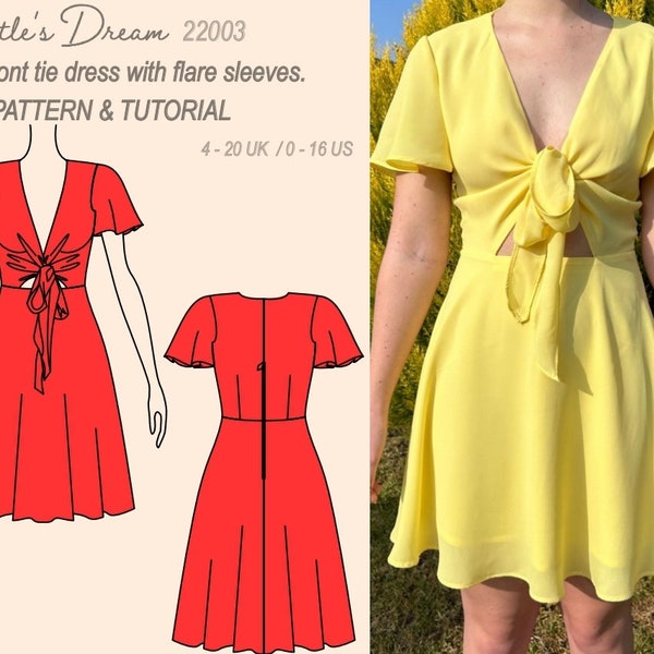 Pattern. A-line dress with front tie, butterfly sleeves and 1/4 circle skirt. Sizes 4-20 UK. Intermediate sewing project.