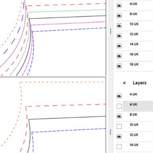 May include: A digital illustration of a garment pattern with various dashed and solid lines in brown, red, green, black, purple, and blue. The right side shows a list of sizes from 4 UK to 18 UK.